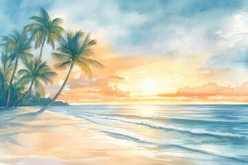 Peaceful sunset over a serene beach with palm trees swaying in the warm ocean breeze. Generative AI