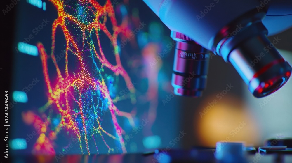 Poster close up view of a microscope examining a vibrant neural network visualization on a screen, highligh