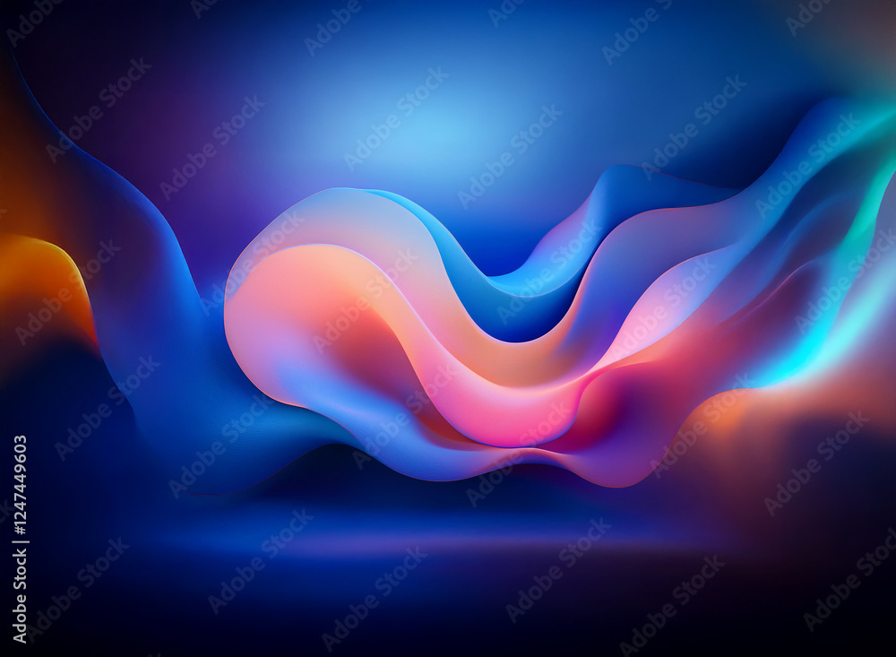 Poster abstract artwork featuring vibrant, flowing forms against a dark, moody background. the colors shift