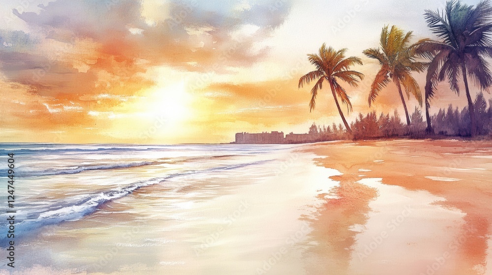Poster sunset over a tranquil beach scene with palm trees and gentle ocean waves at dusk. generative ai