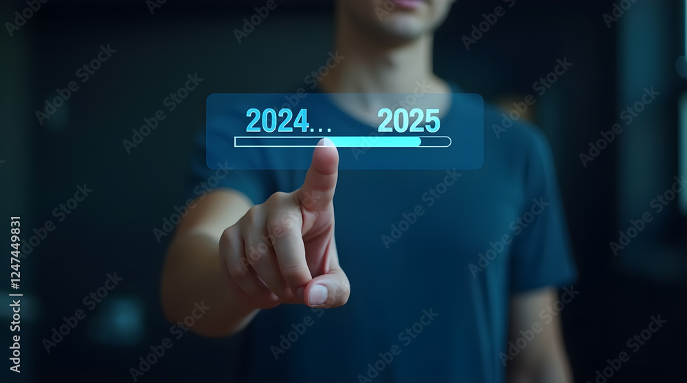 Poster 2025 new year goals: man touching progress bar displaying transition from 2024 to 2025, future plann