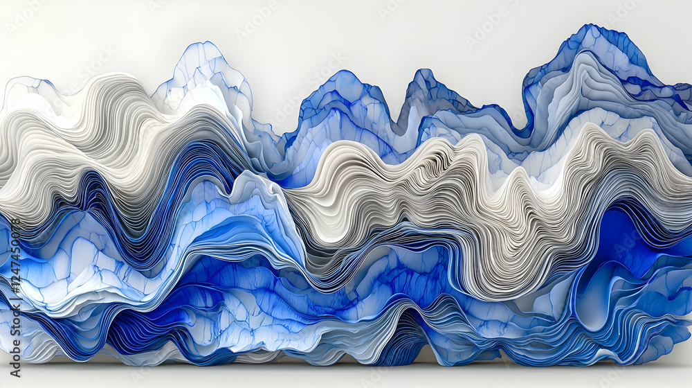 Poster abstract blue, white waves; 3d rendering, background design