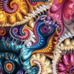Colorful fractal spirals, abstract art, digital design, vibrant background, textile print