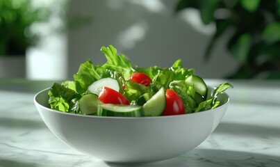 Lush green salad in a white ceramic bowl, topped with fresh tomatoes, cucumbers, and a light drizzle of dressing, celebrating healthy and vibrant meals