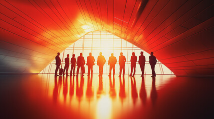 Fototapeta premium Group of business people silhouettes in modern office building and business network concept. Human resources with pastel innovation charts and graphs with statistics to analyze business 