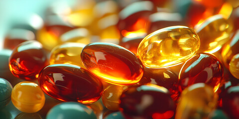 Vibrant Gel Capsules: Discover the Benefits of Colorful Omega Fish Oil Supplements for Health, Nutrition, and Wellness - Natural, Translucent, and Glossy Softgels for a Balanced Lifestyle