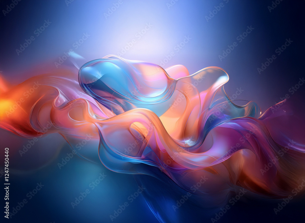 Poster abstract colorful fluid forms swirl against a dark, moody background. light glows from within the tr