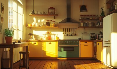 Brightly lit kitchen with wooden flooring and modern fixtures, neatly arranged with a welcoming and homely atmosphere