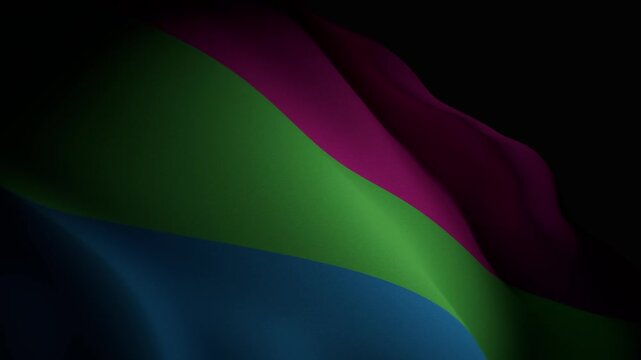 A closeup, spotlight-lit realistic 3D animation of the polysexual pride flag, showcasing its vibrant colors and smooth movement
