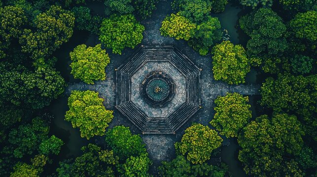 Aerial view of octagonal temple in lush forest