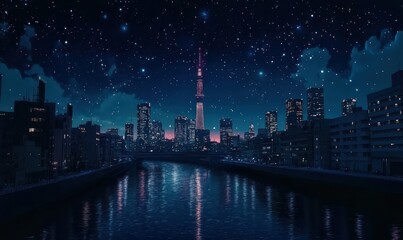 Busy urban skyline at night, with glowing skyscrapers reflecting off a nearby river under a vivid starry sky.