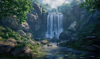 Cascading waterfall hidden in a rocky enclave, framed by lush greenery, radiating a sense of untouched wilderness.