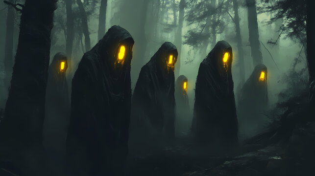 Cloaked figures bearing glowing yellow symbols linger menacingly in the foggy woods, stirring a sense of sinister ritual and foreboding. Dystopian Underground Societies. Illustration