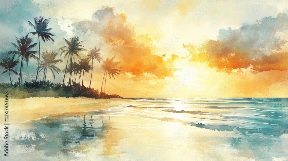 Poster sunset over tranquil beach with gentle waves and silhouetted palm trees in calming watercolor illust