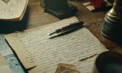 Close-up of vintage fountain pen on textured paper with handwritten notes, showcasing classic elegance and timeless stationery