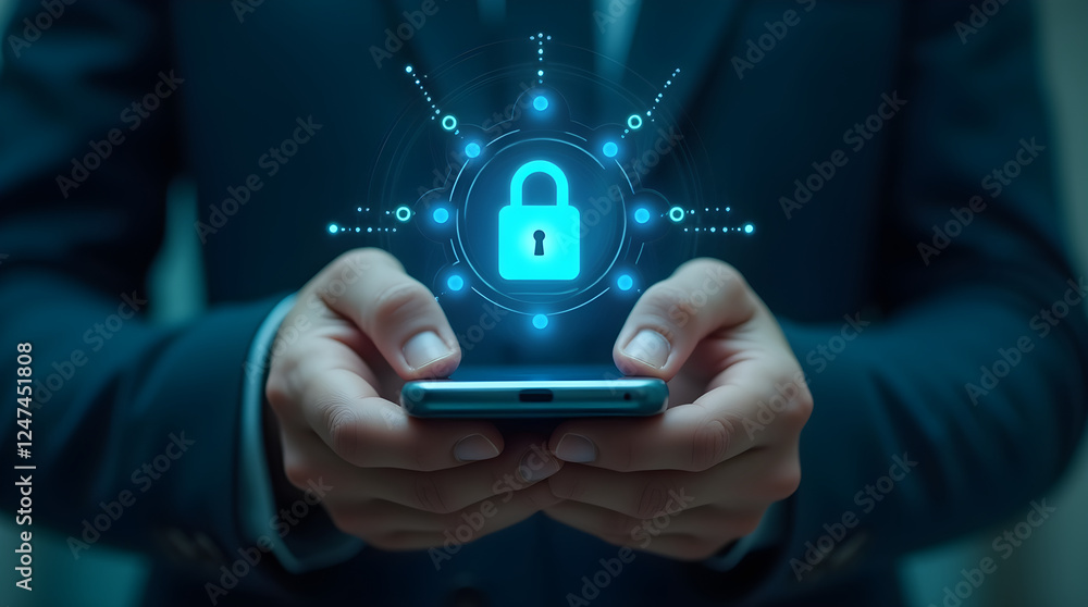 Aufkleber mobile security and privacy for business data protection solutions: man holding smartphone with digi