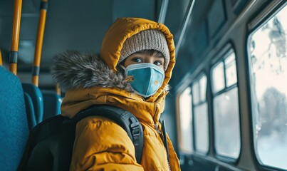 Child wearing a protective face mask while riding a school bus, representing precautionary measures and modern childhood experiences.