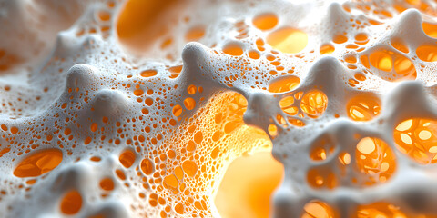 Vibrant Orange and White Foam Bubbles: Abstract Fluid Texture and Organic Patterns in Three-Dimensional Art, Close-Up Details of Smoothness, Warmth, and Nature's Unique Aesthetics