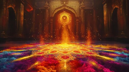 Indian Holi Ornate Mandala with Radiating Color Streams, Palace Silhouettes, Gold Accents, and Powder Trails. Copy space. Generative AI 