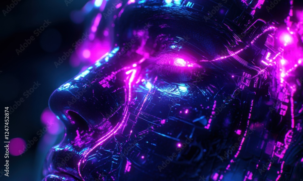 Poster close-up of a glowing neural interface, symbolizing the merging of human cognition and