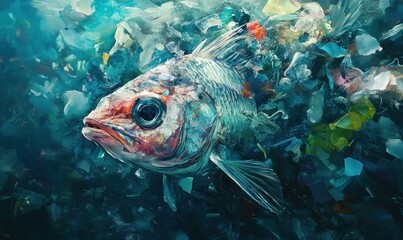 Close-up of a fish surrounded by microplastics, conveying the pressing issue of marine pollution in artwork