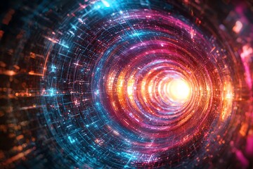 Fototapeta premium Abstract tunnel with light rays and glowing neon elements, representing futuristic technology