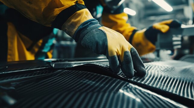 Technician in protective gear handling carbon fiber material with precision and expertise in a high tech industrial environment highlighting advanced manufacturing processes