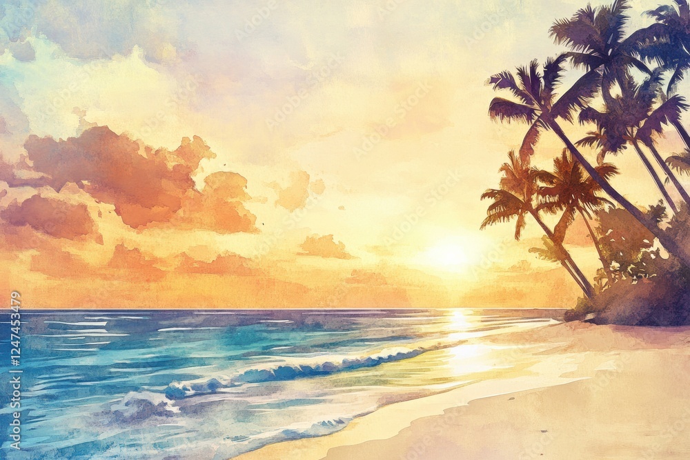 Poster vivid watercolor illustration of a serene sunset at a tropical beach with swaying palm trees and gen