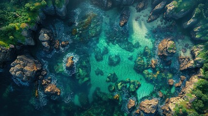 Fototapeta premium Aerial view of secluded cove, turquoise water, rocky coast, lush greenery