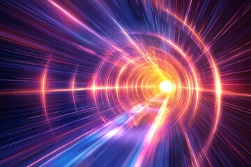 Abstract tunnel with light rays and glowing neon elements, representing futuristic technology