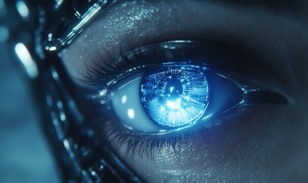 Close-up of a sleek metallic robot eye glowing with a soft blue light, showcasing futuristic artificial intelligence design.