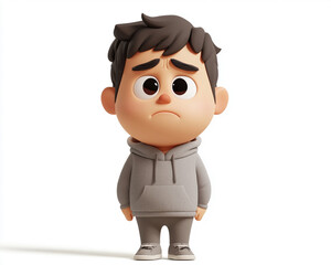 Animated young boy featuring melancholic facial expression, sad and emotional 3D character portrait