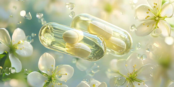 Capsules and Pills: Embracing Nature's Beauty with Floral Vitamins and Herbal Supplements for Health, Vitality, and Rejuvenation in a Serene and Organic Environment