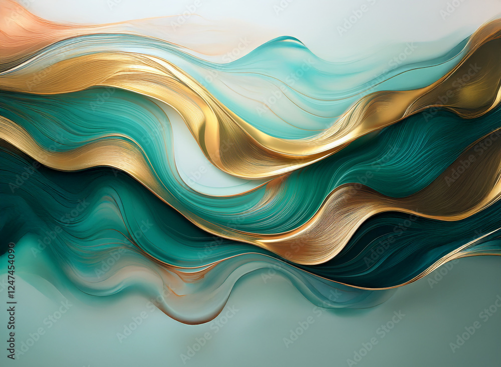 Poster abstract artwork featuring flowing teal and gold waves against a light teal background. the metallic