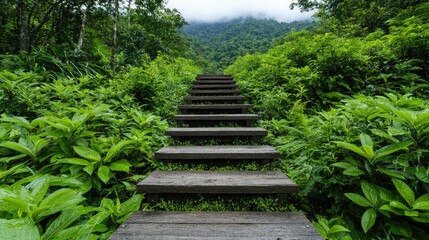 Obraz premium Wooden steps leading up a lush jungle mountain