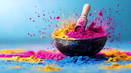 Gulag colours in bowl for Holi festival, Hindu tradition festive. Happy holi indian festival dahan banner concept.