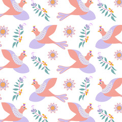 Beautiful stylized bird and flower in a delicate pattern in pastel colors.eps