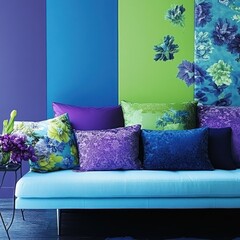 Colorful pillows on blue sofa, vibrant wall, interior design