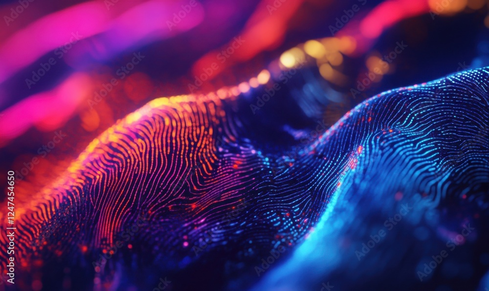 Poster close-up of colorful fingerprint patterns glowing under a digital interface, symbolizing advanced se