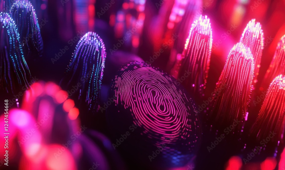 Poster close-up of colorful fingerprint patterns glowing under a digital interface, symbolizing advanced se