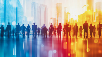 Fototapeta premium Group of business people silhouettes in modern office building and business network concept. Human resources with pastel innovation charts and graphs with statistics to analyze business 