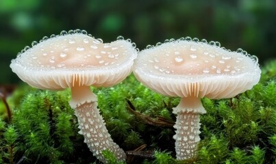 Close-up of delicate mushrooms glistening with morning dew, surrounded by rich green moss in a forest.