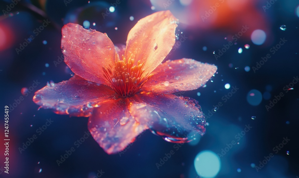 Wall mural Delicate petals of a single flower with raindrops, vibrant hues illuminated against a soft blurred background