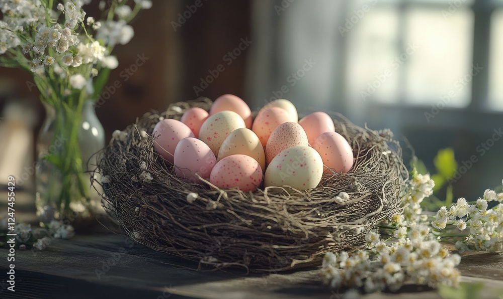 Poster delicate nest filled with pastel-colored easter eggs, resting on a rustic table with soft spring flo