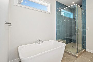 A bathroom with a white bathtub and a blue shower stall