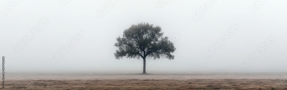 Poster a solitary tree emerges from a vast field enveloped in thick fog. this tranquil setting represents i