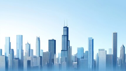 Naklejka premium Cityscape, skyscrapers, urban skyline, hazy morning, clear sky, business, website banner