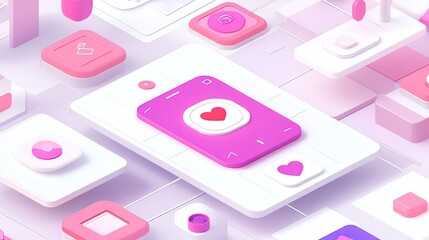 Fototapeta premium Isometric illustration of a mobile app interface with pink and white elements, featuring a heart icon at the center.