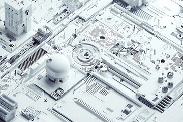 Abstract white technology background, featuring various high-tech computer elements and a digital tech concept illustration