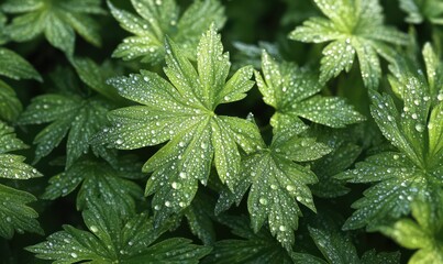 Dew-covered green leaves filling the frame, their intricate textures highlighted under soft morning sunlight for a fresh and rejuvenating nature vibe